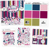 Everyday Moments Bundle, main product image, showing complete coordinated paper craft set with 12x12 papers, 6x6 papers, cardstock, die cuts, and stickers for layouts, cards, albums, journals, and keepsakes. Buyer theme: Complete Family Memory Scrapbook Bundle. Everyday Moments complete scrapbook bundle with 12x12 paper, 6x6 designs, cardstock, die cuts and stickers in a coordinated floral palette. Coordinating patterns include Navy and berry floral prints, Polka dots, Diagonal pinstripes