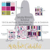 Everyday Moments Bundle, size guide image, showing complete coordinated paper craft set with 12x12 papers, 6x6 papers, cardstock, die cuts, and stickers for layouts, cards, albums, journals, and keepsakes. Buyer theme: Complete Family Memory Scrapbook Bundle. Everyday Moments complete scrapbook bundle with 12x12 paper, 6x6 designs, cardstock, die cuts and stickers in a coordinated floral palette. Designed for Gratitude journals, Card making, Mini albums