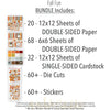 Fall Fun Bundle, includes image, showing complete coordinated paper craft set with 12x12 papers, 6x6 papers, cardstock, die cuts, and stickers for layouts, cards, albums, journals, and keepsakes. Buyer theme: Complete Fall & Autumn Scrapbook Paper Craft Bundle. Fall Fun complete scrapbook bundle with 12x12 paper, 6x6 designs, cardstock, die cuts and stickers in a coordinated autumn palette. Color palette includes Dusty aqua and blue gray, Warm cream and soft gray, Cocoa and espresso brown