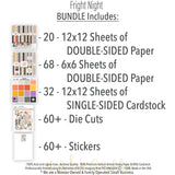 Fright Night Bundle, includes image, showing complete coordinated paper craft set with 12x12 papers, 6x6 papers, cardstock, die cuts, and stickers for layouts, cards, albums, journals, and keepsakes. Buyer theme: Complete Cute Halloween Scrapbook Bundle & Craft Set. Fright Night complete scrapbook bundle with 12x12 paper, 6x6 paper, coordinating cardstock, stickers and die cuts