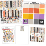 Fright Night Bundle, main product image, showing complete coordinated paper craft set with 12x12 papers, 6x6 papers, cardstock, die cuts, and stickers for layouts, cards, albums, journals, and keepsakes. Buyer theme: Complete Cute Halloween Scrapbook Bundle & Craft Set. Fright Night complete scrapbook bundle with 12x12 paper, 6x6 paper, coordinating cardstock, stickers and die cuts