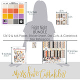 Fright Night Bundle, size guide image, showing complete coordinated paper craft set with 12x12 papers, 6x6 papers, cardstock, die cuts, and stickers for layouts, cards, albums, journals, and keepsakes. Buyer theme: Complete Cute Halloween Scrapbook Bundle & Craft Set. Fright Night complete scrapbook bundle with 12x12 paper, 6x6 paper, coordinating cardstock, stickers and die cuts