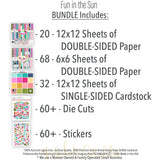 Fun in the Sun Bundle, includes image, showing complete coordinated paper craft set with 12x12 papers, 6x6 papers, cardstock, die cuts, and stickers for layouts, cards, albums, journals, and keepsakes. Buyer theme: Complete Tropical Beach Scrapbook Craft Bundle. Fun in the Sun complete scrapbook bundle with 12x12 paper, 6x6 designs, cardstock, die cuts and stickers in a bright coordinated tropical palette. Designed for Ocean adventure memory pages, Summer card making, Mini albums