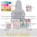 Fun in the Sun Bundle, size guide image, showing complete coordinated paper craft set with 12x12 papers, 6x6 papers, cardstock, die cuts, and stickers for layouts, cards, albums, journals, and keepsakes. Buyer theme: Complete Tropical Beach Scrapbook Craft Bundle. Fun in the Sun complete scrapbook bundle with 12x12 paper, 6x6 designs, cardstock, die cuts and stickers in a bright coordinated tropical palette. Designed for Summer card making, Mini albums, Travel journals