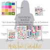 Fun in the Sun Bundle, size guide image, showing complete coordinated paper craft set with 12x12 papers, 6x6 papers, cardstock, die cuts, and stickers for layouts, cards, albums, journals, and keepsakes. Buyer theme: Complete Tropical Beach Scrapbook Craft Bundle. Fun in the Sun complete scrapbook bundle with 12x12 paper, 6x6 designs, cardstock, die cuts and stickers in a bright coordinated tropical palette. Designed for Summer card making, Mini albums, Travel journals