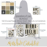 Generations of Love Bundle, size guide image, showing complete coordinated paper craft set with 12x12 papers, 6x6 papers, cardstock, die cuts, and stickers for layouts, cards, albums, journals, and keepsakes. Buyer theme: Complete Genealogy & Heritage Scrapbook Bundle. Generations of Love complete scrapbook bundle with 12x12 paper, 6x6 designs, cardstock, die cuts and stickers in a vintage neutral family heritage palette. Coordinating patterns include Pinstripes, Diamond lattice, Floral argyle
