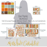 Give Thanks Bundle, size guide image, showing complete coordinated paper craft set with 12x12 papers, 6x6 papers, cardstock, die cuts, and stickers for layouts, cards, albums, journals, and keepsakes. Buyer theme: Complete Thanksgiving Scrapbook Bundle. Give Thanks complete Thanksgiving scrapbook bundle with 12x12 paper, 6x6 paper, coordinating cardstock, die cuts and stickers. Scrapbook paper bundle, card making supplies, junk journal materials, mini album paper, and coordinated craft supplies