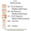 Groovy Bundle, includes image, showing complete coordinated paper craft set with 12x12 papers, 6x6 papers, cardstock, die cuts, and stickers for layouts, cards, albums, journals, and keepsakes. Buyer theme: Complete Retro Summer & 70s Scrapbook Craft Bundle. Groovy complete scrapbook bundle with 12x12 paper, 6x6 designs, cardstock, die cuts and stickers in a warm retro summer palette. Coordinating patterns include Warm 70s floral patterns, Polka dots and gingham, Wavy sunset stripes