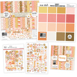 Groovy Bundle, main product image, showing complete coordinated paper craft set with 12x12 papers, 6x6 papers, cardstock, die cuts, and stickers for layouts, cards, albums, journals, and keepsakes. Buyer theme: Complete Retro Summer & 70s Scrapbook Craft Bundle. Groovy complete scrapbook bundle with 12x12 paper, 6x6 designs, cardstock, die cuts and stickers in a warm retro summer palette. Coordinating patterns include Retro daisy prints, Coral and pink checkerboards, Warm 70s floral patterns