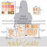 Groovy Bundle, size guide image, showing complete coordinated paper craft set with 12x12 papers, 6x6 papers, cardstock, die cuts, and stickers for layouts, cards, albums, journals, and keepsakes. Buyer theme: Complete Retro Summer & 70s Scrapbook Craft Bundle. Groovy complete scrapbook bundle with 12x12 paper, 6x6 designs, cardstock, die cuts and stickers in a warm retro summer palette. Coordinating patterns include Polka dots and gingham, Wavy sunset stripes, Smiley flower repeats