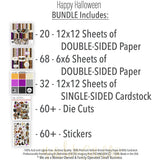 Happy Halloween Bundle, includes image, showing complete coordinated paper craft set with 12x12 papers, 6x6 papers, cardstock, die cuts, and stickers for layouts, cards, albums, journals, and keepsakes. Buyer theme: Complete Vintage Halloween Scrapbook Bundle. Happy Halloween complete scrapbook bundle with 12x12 paper, 6x6 paper, coordinating cardstock, stickers and die cuts. Scrapbook paper bundle, card making supplies, junk journal materials, mini album paper, and coordinated craft supplies