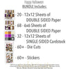 Happy Halloween Bundle, includes image, showing complete coordinated paper craft set with 12x12 papers, 6x6 papers, cardstock, die cuts, and stickers for layouts, cards, albums, journals, and keepsakes. Buyer theme: Complete Vintage Halloween Scrapbook Bundle. Happy Halloween complete scrapbook bundle with 12x12 paper, 6x6 paper, coordinating cardstock, stickers and die cuts. Scrapbook paper bundle, card making supplies, junk journal materials, mini album paper, and coordinated craft supplies