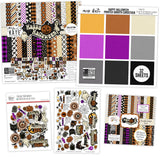 Happy Halloween Bundle, main product image, showing complete coordinated paper craft set with 12x12 papers, 6x6 papers, cardstock, die cuts, and stickers for layouts, cards, albums, journals, and keepsakes. Buyer theme: Complete Vintage Halloween Scrapbook Bundle. Happy Halloween complete scrapbook bundle with 12x12 paper, 6x6 paper, coordinating cardstock, stickers and die cuts