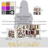 Happy Halloween Bundle, size guide image, showing complete coordinated paper craft set with 12x12 papers, 6x6 papers, cardstock, die cuts, and stickers for layouts, cards, albums, journals, and keepsakes. Buyer theme: Complete Vintage Halloween Scrapbook Bundle. Happy Halloween complete scrapbook bundle with 12x12 paper, 6x6 paper, coordinating cardstock, stickers and die cuts. Scrapbook paper bundle, card making supplies, junk journal materials, mini album paper, and coordinated craft supplies