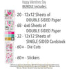 Happy Valentines Day Bundle, includes image, showing complete coordinated paper craft set with 12x12 papers, 6x6 papers, cardstock, die cuts, and stickers for layouts, cards, albums, journals, and keepsakes. Buyer theme: Complete Valentine Scrapbook & Craft Bundle. Happy Valentines Day complete scrapbook bundle with patterned paper, 6x6 paper, coordinating cardstock, stickers and die cuts. Color palette includes Hot pink, blush pink, aqua, emerald teal, mustard gold, charcoal black and white