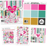 Happy Valentines Day Bundle, main product image, showing complete coordinated paper craft set with 12x12 papers, 6x6 papers, cardstock, die cuts, and stickers for layouts, cards, albums, journals, and keepsakes. Buyer theme: Complete Valentine Scrapbook & Craft Bundle. Happy Valentines Day complete scrapbook bundle with patterned paper, 6x6 paper, coordinating cardstock, stickers and die cuts