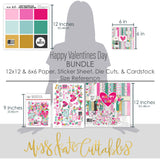 Happy Valentines Day Bundle, size guide image, showing complete coordinated paper craft set with 12x12 papers, 6x6 papers, cardstock, die cuts, and stickers for layouts, cards, albums, journals, and keepsakes. Buyer theme: Complete Valentine Scrapbook & Craft Bundle. Happy Valentines Day complete scrapbook bundle with patterned paper, 6x6 paper, coordinating cardstock, stickers and die cuts. Color palette includes Hot pink, blush pink, aqua, emerald teal, mustard gold, charcoal black and white