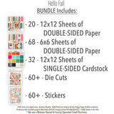 Hello Fall Bundle, includes image, showing complete coordinated paper craft set with 12x12 papers, 6x6 papers, cardstock, die cuts, and stickers for layouts, cards, albums, journals, and keepsakes. Buyer theme: Complete Fall & Autumn Scrapbook Craft Bundle. Hello Fall complete scrapbook bundle with 12x12 paper, 6x6 designs, cardstock, die cuts and stickers in a bright coordinated autumn palette. Designed for Autumn family memories, Card making, Mini albums