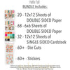 Hello Fall Bundle, includes image, showing complete coordinated paper craft set with 12x12 papers, 6x6 papers, cardstock, die cuts, and stickers for layouts, cards, albums, journals, and keepsakes. Buyer theme: Complete Fall & Autumn Scrapbook Craft Bundle. Hello Fall complete scrapbook bundle with 12x12 paper, 6x6 designs, cardstock, die cuts and stickers in a bright coordinated autumn palette. Designed for Autumn family memories, Card making, Mini albums