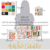 Hello Fall Bundle, size guide image, showing complete coordinated paper craft set with 12x12 papers, 6x6 papers, cardstock, die cuts, and stickers for layouts, cards, albums, journals, and keepsakes. Buyer theme: Complete Fall & Autumn Scrapbook Craft Bundle. Hello Fall complete scrapbook bundle with 12x12 paper, 6x6 designs, cardstock, die cuts and stickers in a bright coordinated autumn palette. Coordinating patterns include Pumpkin and gourd repeats, Falling leaf patterns, Bright polka dots