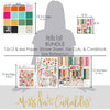 Hello Fall Bundle, size guide image, showing complete coordinated paper craft set with 12x12 papers, 6x6 papers, cardstock, die cuts, and stickers for layouts, cards, albums, journals, and keepsakes. Buyer theme: Complete Fall & Autumn Scrapbook Craft Bundle. Hello Fall complete scrapbook bundle with 12x12 paper, 6x6 designs, cardstock, die cuts and stickers in a bright coordinated autumn palette. Coordinating patterns include Pumpkin and gourd repeats, Falling leaf patterns, Bright polka dots
