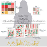 Holiday Cheer Bundle, size guide image, showing complete coordinated paper craft set with 12x12 papers, 6x6 papers, cardstock, die cuts, and stickers for layouts, cards, albums, journals, and keepsakes. Buyer theme: Complete Christmas & Holiday Scrapbook Craft Bundle. Holiday Cheer complete scrapbook bundle with 12x12 paper, 6x6 designs, cardstock, die cuts and stickers in a cheerful red, green, pink, cocoa and cream Christmas palette