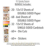 It's Spooky Season Bundle, includes image, showing complete coordinated paper craft set with 12x12 papers, 6x6 papers, cardstock, die cuts, and stickers for layouts, cards, albums, journals, and keepsakes. Buyer theme: Complete Halloween Scrapbook Craft Bundle. It's Spooky Season complete scrapbook bundle with 12x12 Double-Sided Paper, 6x6 Double-Sided Paper, Linen Printed Smooth Cardstock, Die Cuts and one Sticker Sheet