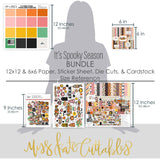 It's Spooky Season Bundle, size guide image, showing complete coordinated paper craft set with 12x12 papers, 6x6 papers, cardstock, die cuts, and stickers for layouts, cards, albums, journals, and keepsakes. Buyer theme: Complete Halloween Scrapbook Craft Bundle. It's Spooky Season complete scrapbook bundle with 12x12 Double-Sided Paper, 6x6 Double-Sided Paper, Linen Printed Smooth Cardstock, Die Cuts and one Sticker Sheet