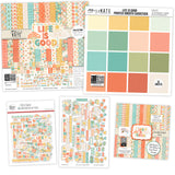 Life is Good Bundle, main product image, showing complete coordinated paper craft set with 12x12 papers, 6x6 papers, cardstock, die cuts, and stickers for layouts, cards, albums, journals, and keepsakes. Buyer theme: Complete Everyday Memories Scrapbook Craft Bundle. Life is Good complete scrapbook bundle with 12x12 paper, 6x6 designs, cardstock, die cuts and stickers in a cheerful coordinated pastel palette