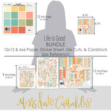 Life is Good Bundle, size guide image, showing complete coordinated paper craft set with 12x12 papers, 6x6 papers, cardstock, die cuts, and stickers for layouts, cards, albums, journals, and keepsakes. Buyer theme: Complete Everyday Memories Scrapbook Craft Bundle. Life is Good complete scrapbook bundle with 12x12 paper, 6x6 designs, cardstock, die cuts and stickers in a cheerful coordinated pastel palette. Designed for Gratitude journals, Card making, Mini albums