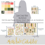 Love Lives Here Bundle, size guide image, showing complete coordinated paper craft set with 12x12 papers, 6x6 papers, cardstock, die cuts, and stickers for layouts, cards, albums, journals, and keepsakes. Buyer theme: Complete Family & Home Scrapbook Craft Bundle. Love Lives Here complete scrapbook bundle with 12x12 paper, 6x6 designs, cardstock, die cuts and stickers in a warm floral home-and-family palette. Coordinating patterns include Botanical floral prints, Polka dots, Pinstripes