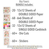 May Flowers Bundle, includes image, showing complete coordinated paper craft set with 12x12 papers, 6x6 papers, cardstock, die cuts, and stickers for layouts, cards, albums, journals, and keepsakes. Buyer theme: Complete Spring Garden Scrapbook & Craft Bundle. May Flowers complete spring scrapbook bundle with patterned paper, 6x6 paper, coordinating cardstock, stickers and die cuts. Color palette includes Rose pink, coral, blush, sage green, mint, yellow, orange, cream and charcoal