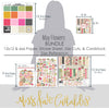 May Flowers Bundle, size guide image, showing complete coordinated paper craft set with 12x12 papers, 6x6 papers, cardstock, die cuts, and stickers for layouts, cards, albums, journals, and keepsakes. Buyer theme: Complete Spring Garden Scrapbook & Craft Bundle. May Flowers complete spring scrapbook bundle with patterned paper, 6x6 paper, coordinating cardstock, stickers and die cuts. Color palette includes Rose pink, coral, blush, sage green, mint, yellow, orange, cream and charcoal