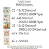 Pumpkin Season Bundle, includes image, showing complete coordinated paper craft set with 12x12 papers, 6x6 papers, cardstock, die cuts, and stickers for layouts, cards, albums, journals, and keepsakes. Buyer theme: Complete Fall Scrapbook Bundle for Memory Keeping. Complete fall scrapbook bundle with 12x12 paper, 6x6 paper, printed smooth cardstock, die cuts, and sticker sheet. Visible artwork includes pie slices, sweaters, blankets, autumn leaves