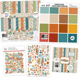 Pumpkin Season Bundle, main product image, showing complete coordinated paper craft set with 12x12 papers, 6x6 papers, cardstock, die cuts, and stickers for layouts, cards, albums, journals, and keepsakes. Buyer theme: Complete Fall Scrapbook Bundle for Memory Keeping. Complete fall scrapbook bundle with 12x12 paper, 6x6 paper, printed smooth cardstock, die cuts, and sticker sheet. Visible artwork includes pumpkins, hot drink mugs, pie slices, sweaters