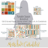 Pumpkin Season Bundle, size guide image, showing complete coordinated paper craft set with 12x12 papers, 6x6 papers, cardstock, die cuts, and stickers for layouts, cards, albums, journals, and keepsakes. Buyer theme: Complete Fall Scrapbook Bundle for Memory Keeping. Complete fall scrapbook bundle with 12x12 paper, 6x6 paper, printed smooth cardstock, die cuts, and sticker sheet. Visible artwork includes sweaters, blankets, autumn leaves, acorns