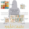 Pumpkin Season Bundle, size guide image, showing complete coordinated paper craft set with 12x12 papers, 6x6 papers, cardstock, die cuts, and stickers for layouts, cards, albums, journals, and keepsakes. Buyer theme: Complete Fall Scrapbook Bundle for Memory Keeping. Complete fall scrapbook bundle with 12x12 paper, 6x6 paper, printed smooth cardstock, die cuts, and sticker sheet. Visible artwork includes sweaters, blankets, autumn leaves, acorns