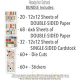 Ready for School Bundle, includes image, showing complete coordinated paper craft set with 12x12 papers, 6x6 papers, cardstock, die cuts, and stickers for layouts, cards, albums, journals, and keepsakes. Buyer theme: Complete Back to School Scrapbook & Paper Crafting Bundle. Ready for School complete coordinated scrapbook bundle with 12x12 and 6x6 papers, cardstock, stickers and die cuts for school-memory projects. Color palette includes apple red, brick red, blush pink