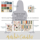 Ready for School Bundle, size guide image, showing complete coordinated paper craft set with 12x12 papers, 6x6 papers, cardstock, die cuts, and stickers for layouts, cards, albums, journals, and keepsakes. Buyer theme: Complete Back to School Scrapbook & Paper Crafting Bundle. Ready for School complete coordinated scrapbook bundle with 12x12 and 6x6 papers, cardstock, stickers and die cuts for school-memory projects. Color palette includes brick red, blush pink, sage green
