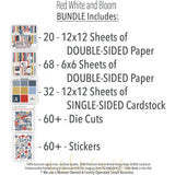 Red White and Bloom Bundle, includes image, showing complete coordinated paper craft set with 12x12 papers, 6x6 papers, cardstock, die cuts, and stickers for layouts, cards, albums, journals, and keepsakes. Buyer theme: Complete Patriotic Scrapbook Craft Bundle. Red White and Bloom complete scrapbook bundle with 12x12 paper, 6x6 designs, printed smooth cardstock, die cuts and stickers in a classic red, navy, cream and gold palette