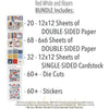 Red White and Bloom Bundle, includes image, showing complete coordinated paper craft set with 12x12 papers, 6x6 papers, cardstock, die cuts, and stickers for layouts, cards, albums, journals, and keepsakes. Buyer theme: Complete Patriotic Scrapbook Craft Bundle. Red White and Bloom complete scrapbook bundle with 12x12 paper, 6x6 designs, printed smooth cardstock, die cuts and stickers in a classic red, navy, cream and gold palette