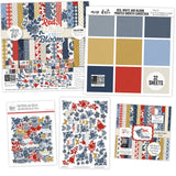 Red White and Bloom Bundle, main product image, showing complete coordinated paper craft set with 12x12 papers, 6x6 papers, cardstock, die cuts, and stickers for layouts, cards, albums, journals, and keepsakes. Buyer theme: Complete Patriotic Scrapbook Craft Bundle. Red White and Bloom complete scrapbook bundle with 12x12 paper, 6x6 designs, printed smooth cardstock, die cuts and stickers in a classic red, navy, cream and gold palette