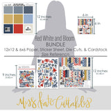 Red White and Bloom Bundle, size guide image, showing complete coordinated paper craft set with 12x12 papers, 6x6 papers, cardstock, die cuts, and stickers for layouts, cards, albums, journals, and keepsakes. Buyer theme: Complete Patriotic Scrapbook Craft Bundle. Red White and Bloom complete scrapbook bundle with 12x12 paper, 6x6 designs, printed smooth cardstock, die cuts and stickers in a classic red, navy, cream and gold palette. Designed for Summer picnic pages, Card making, Mini albums
