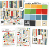 School is Cool Bundle, main product image, showing complete coordinated paper craft set with 12x12 papers, 6x6 papers, cardstock, die cuts, and stickers for layouts, cards, albums, journals, and keepsakes. Buyer theme: Complete Back to School Scrapbook Craft Bundle. School is Cool complete scrapbook bundle with 12x12 paper, 6x6 designs, cardstock, die cuts and stickers in a classic schoolhouse color palette
