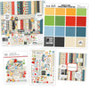 School is Cool Bundle, main product image, showing complete coordinated paper craft set with 12x12 papers, 6x6 papers, cardstock, die cuts, and stickers for layouts, cards, albums, journals, and keepsakes. Buyer theme: Complete Back to School Scrapbook Craft Bundle. School is Cool complete scrapbook bundle with 12x12 paper, 6x6 designs, cardstock, die cuts and stickers in a classic schoolhouse color palette