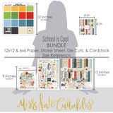 School is Cool Bundle, size guide image, showing complete coordinated paper craft set with 12x12 papers, 6x6 papers, cardstock, die cuts, and stickers for layouts, cards, albums, journals, and keepsakes. Buyer theme: Complete Back to School Scrapbook Craft Bundle. School is Cool complete scrapbook bundle with 12x12 paper, 6x6 designs, cardstock, die cuts and stickers in a classic schoolhouse color palette. Designed for Teacher appreciation crafts, Classroom memory pages, Card making