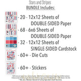 Stars and Stripes Bundle, includes image, showing complete coordinated paper craft set with 12x12 papers, 6x6 papers, cardstock, die cuts, and stickers for layouts, cards, albums, journals, and keepsakes. Buyer theme: Complete Patriotic Scrapbook & Craft Bundle. Stars and Stripes complete patriotic scrapbook bundle with patterned paper, 6x6 paper, coordinating cardstock, stickers and die cuts