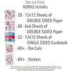 Stars and Stripes Bundle, includes image, showing complete coordinated paper craft set with 12x12 papers, 6x6 papers, cardstock, die cuts, and stickers for layouts, cards, albums, journals, and keepsakes. Buyer theme: Complete Patriotic Scrapbook & Craft Bundle. Stars and Stripes complete patriotic scrapbook bundle with patterned paper, 6x6 paper, coordinating cardstock, stickers and die cuts