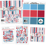 Stars and Stripes Bundle, main product image, showing complete coordinated paper craft set with 12x12 papers, 6x6 papers, cardstock, die cuts, and stickers for layouts, cards, albums, journals, and keepsakes. Buyer theme: Complete Patriotic Scrapbook & Craft Bundle. Stars and Stripes complete patriotic scrapbook bundle with patterned paper, 6x6 paper, coordinating cardstock, stickers and die cuts