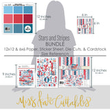 Stars and Stripes Bundle, size guide image, showing complete coordinated paper craft set with 12x12 papers, 6x6 papers, cardstock, die cuts, and stickers for layouts, cards, albums, journals, and keepsakes. Buyer theme: Complete Patriotic Scrapbook & Craft Bundle. Stars and Stripes complete patriotic scrapbook bundle with patterned paper, 6x6 paper, coordinating cardstock, stickers and die cuts